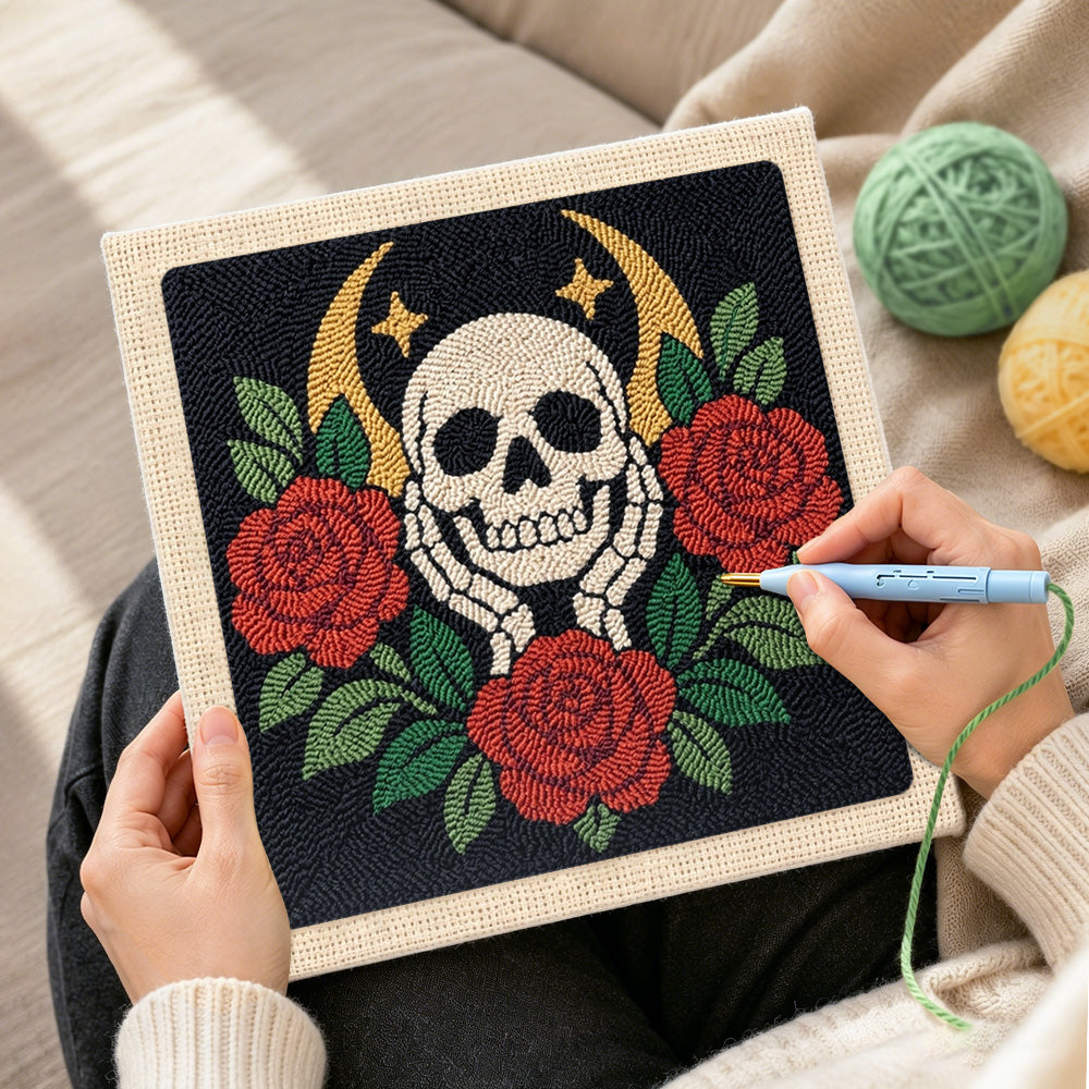 Creating handmade skull with red roses punch needle artwork