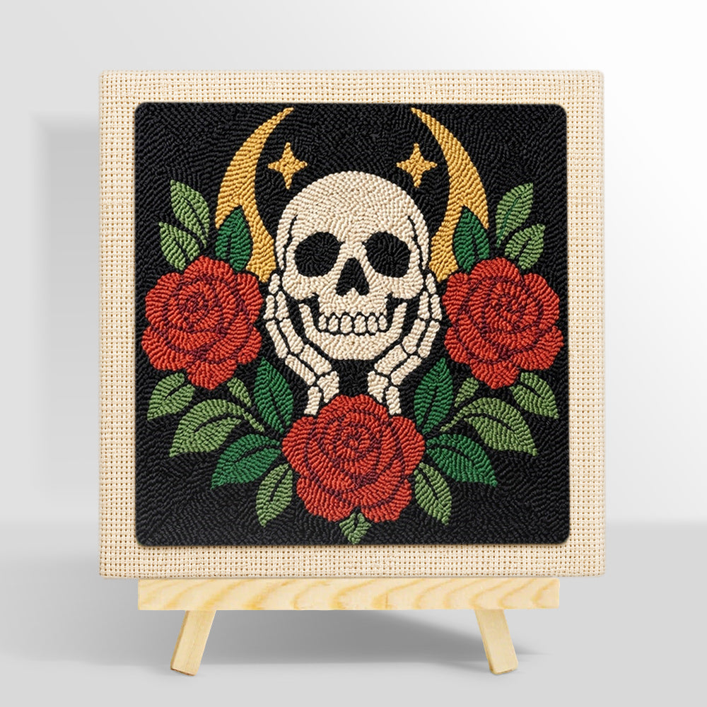 Skull with red roses punch needle kit for beginners