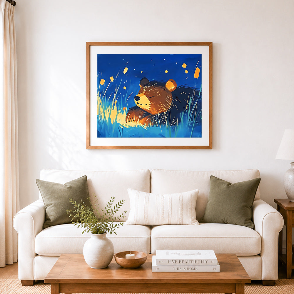 Finished sleeping bear in grassland cross stitch artwork displayed as home decor