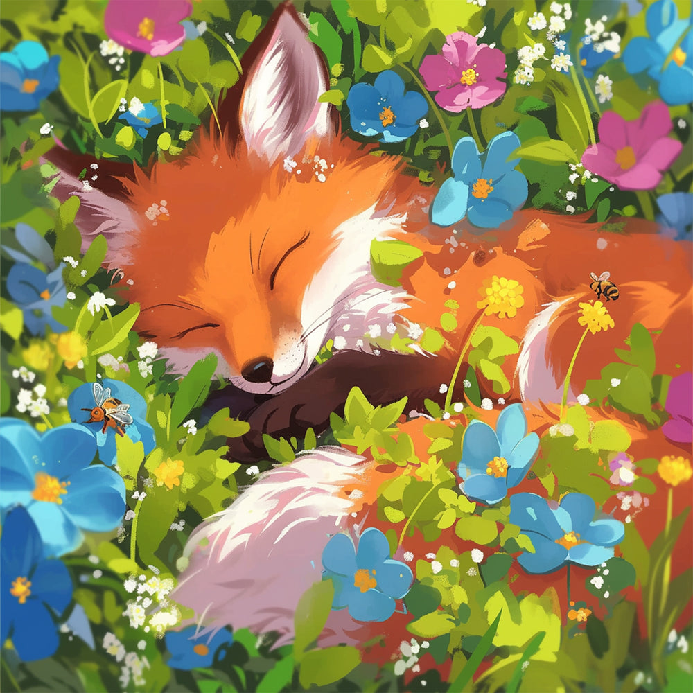 Sleeping fox wildflowers cross stitch kit for beginners