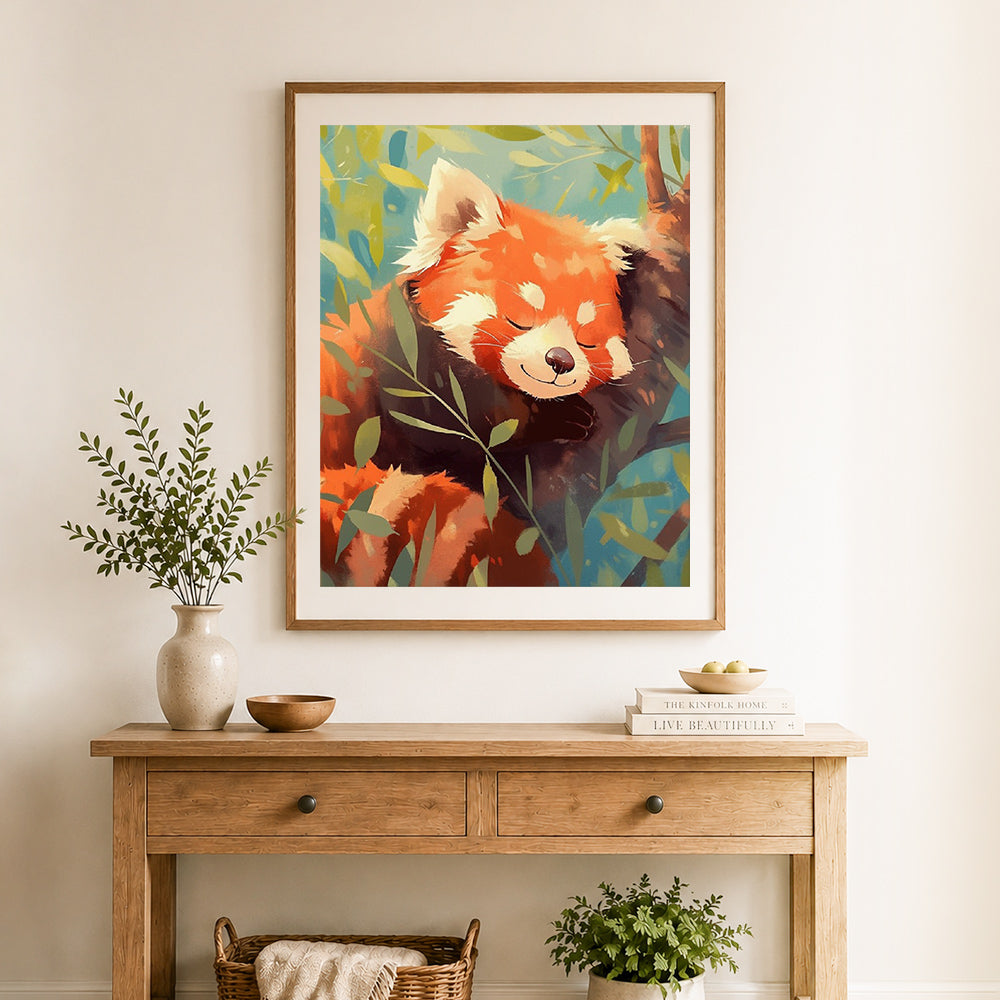 Finished sleeping red panda cross stitch artwork displayed as home decor