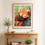 Finished sleeping red panda cross stitch artwork displayed as home decor