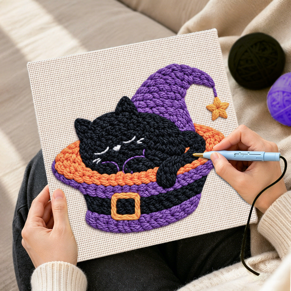 Creating handmade sleepy black witch cat punch needle artwork