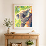 Finished sleepy cozy koala cross stitch artwork displayed as home decor