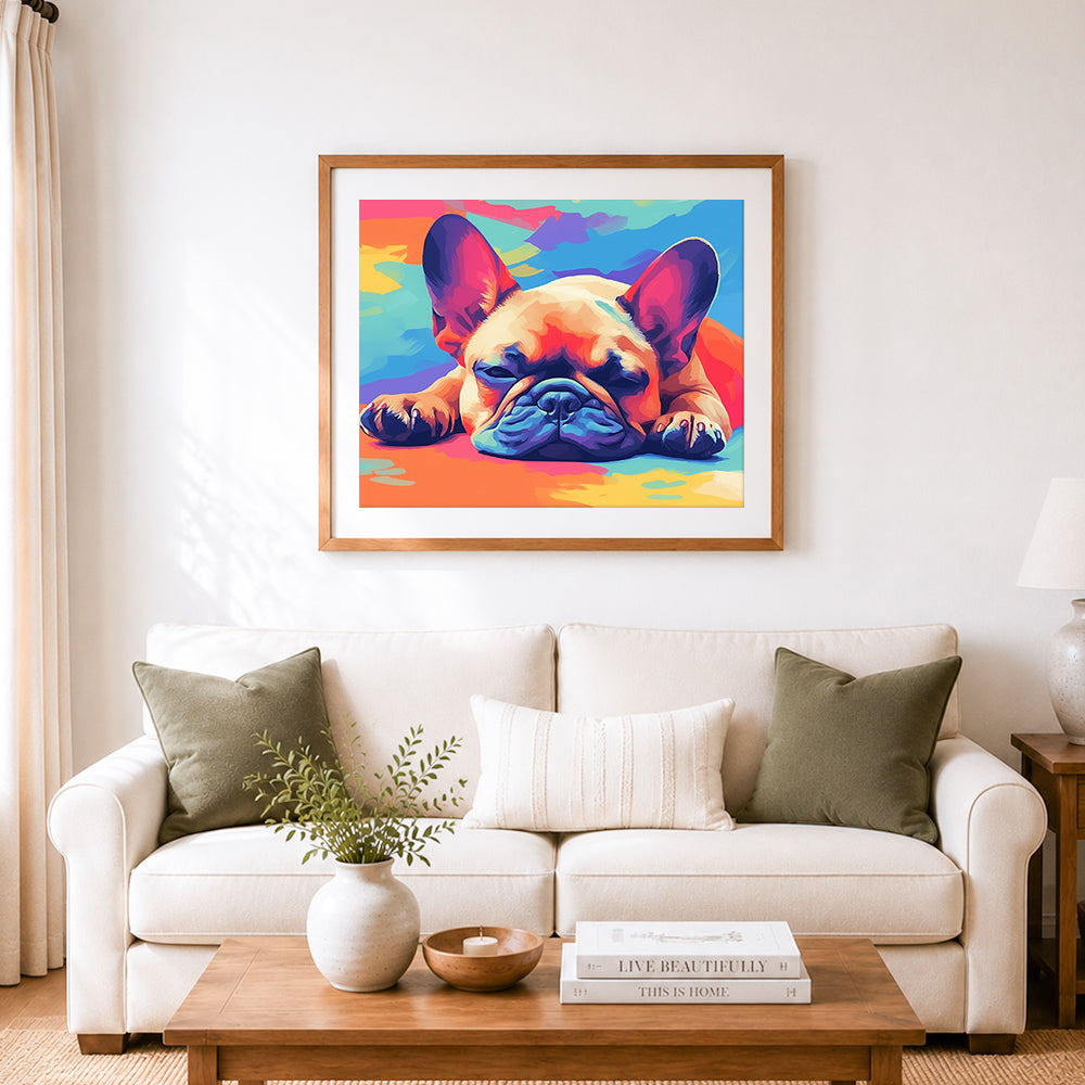 Finished sleepy french bulldog in bright hues cross stitch artwork displayed as home decor