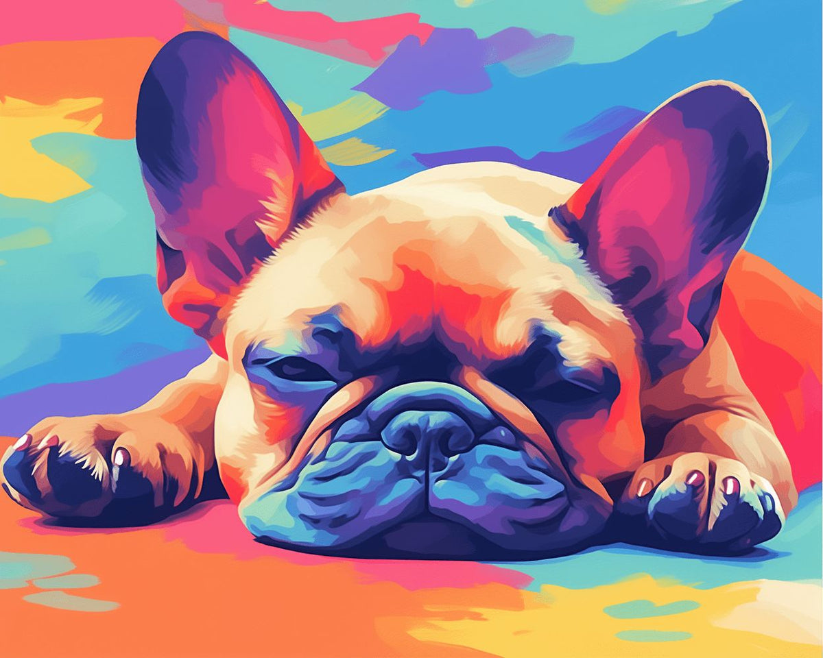 Sleepy french bulldog in bright hues cross stitch kit for beginners