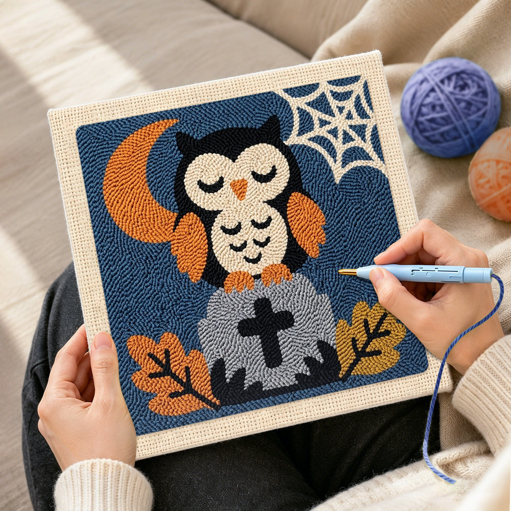 Creating handmade sleepy owl on tombstone punch needle artwork