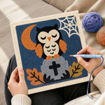 Creating handmade sleepy owl on tombstone punch needle artwork