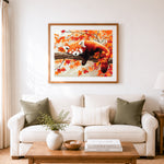 Finished sleepy red panda in autumn cross stitch artwork displayed as home decor
