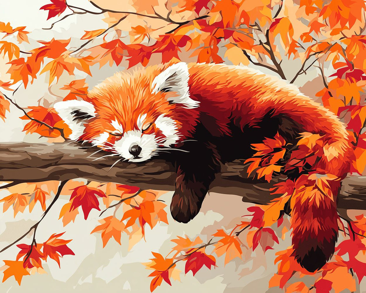 Sleepy red panda in autumn cross stitch kit for beginners