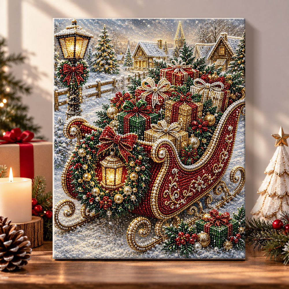 Sleigh loaded with christmas presents pearl diamond painting kit for beginners