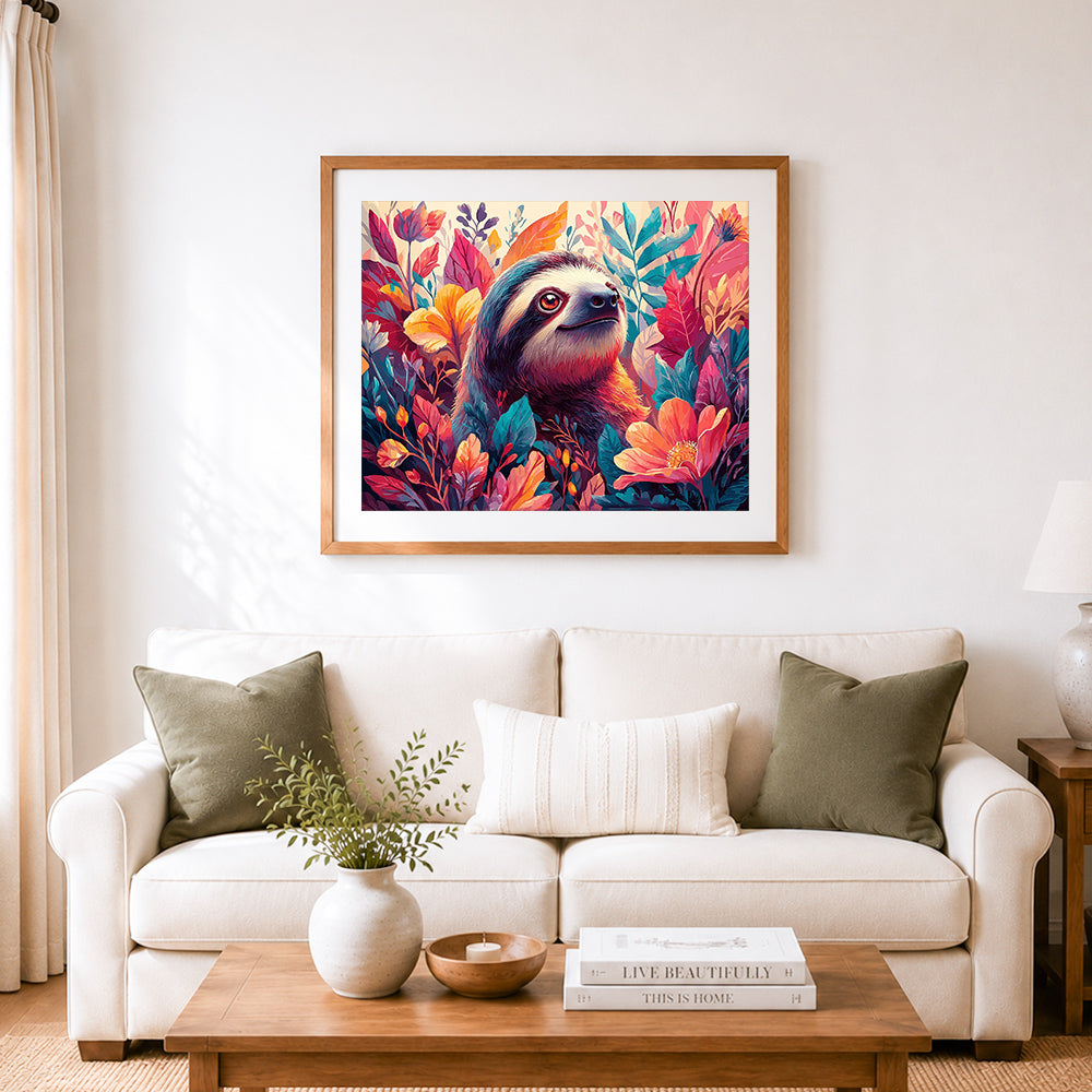 Finished sloth among tropical blooms cross stitch artwork displayed as home decor