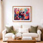 Finished sloth among tropical blooms cross stitch artwork displayed as home decor