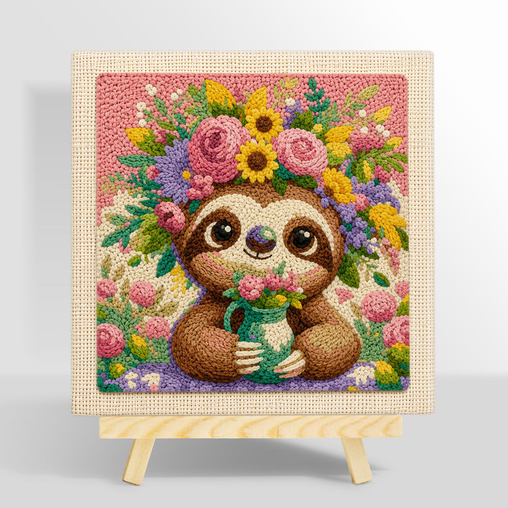 Sloth with flower crown punch needle kit for beginners