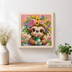 Finished sloth with flower crown artwork displayed on a wall