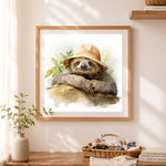 Finished sloth with straw hat cross stitch artwork displayed as home decor