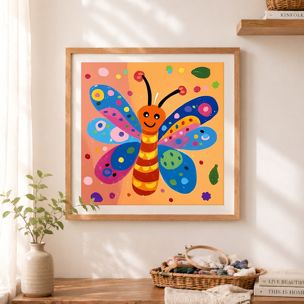 Finished smiling cartoon butterfly cross stitch artwork displayed as home decor