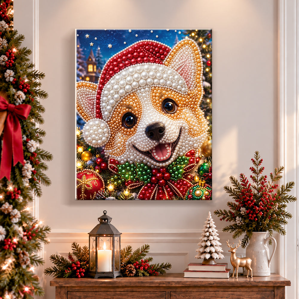 Finished smiling corgi in christmas hat pearl diamond painting artwork displayed as holiday home decor