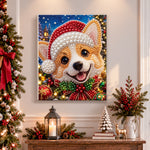 Finished smiling corgi in christmas hat pearl diamond painting artwork displayed as holiday home decor