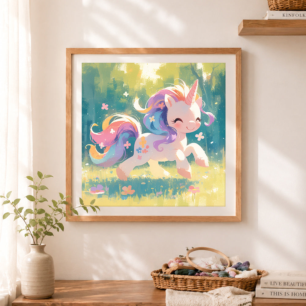 Finished smiling floral unicorn cross stitch artwork displayed as home decor
