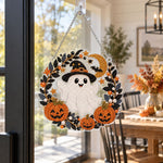 Finished smiling ghost halloween wreath pearl diamond painting artwork displayed as holiday home decor