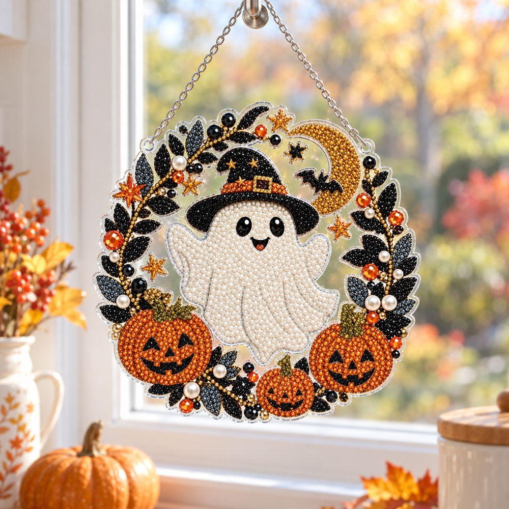Smiling ghost halloween wreath pearl diamond painting kit for beginners