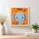 Finished smiling gray elephant artwork displayed on a wall