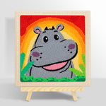 Smiling gray hippo with rainbow sunset punch needle kit for beginners