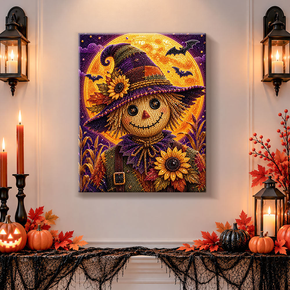 Finished smiling halloween scarecrow pearl diamond painting artwork displayed as holiday home decor