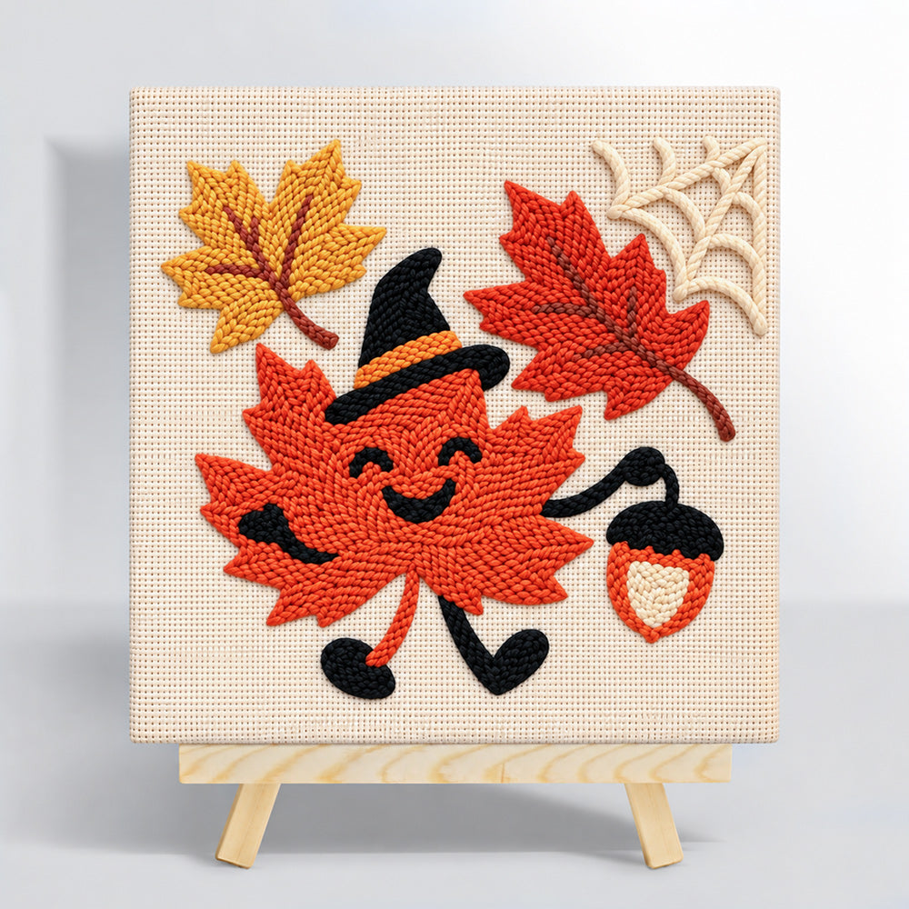 Smiling maple leaf with witch hat punch needle kit for beginners