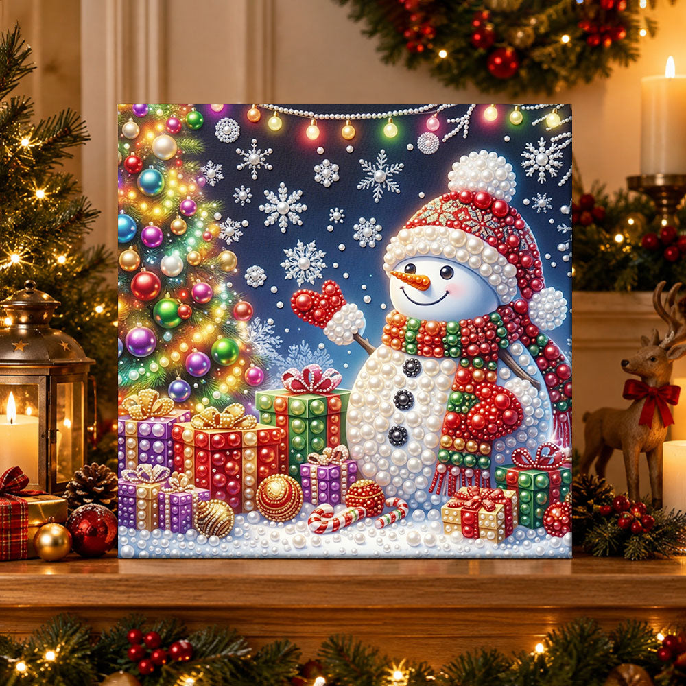 Finished smiling snowman with gifts pearl diamond painting artwork displayed as holiday home decor