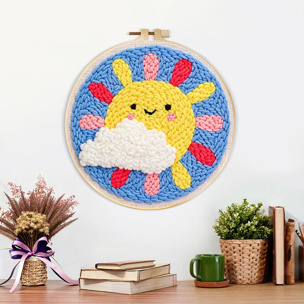 Finished smiling sun with rainbow rays artwork displayed on a wall