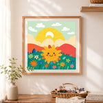Finished smiling sunflower scene cross stitch artwork displayed as home decor