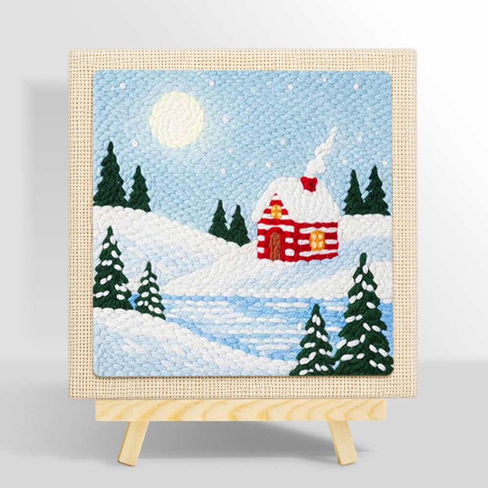 Snow cabin in moonlight punch needle kit for beginners