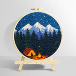 Snow-capped mountains, dark forest and campfire punch needle kit for beginners