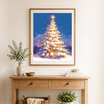 Finished snow covered holiday tree cross stitch artwork displayed as home decor