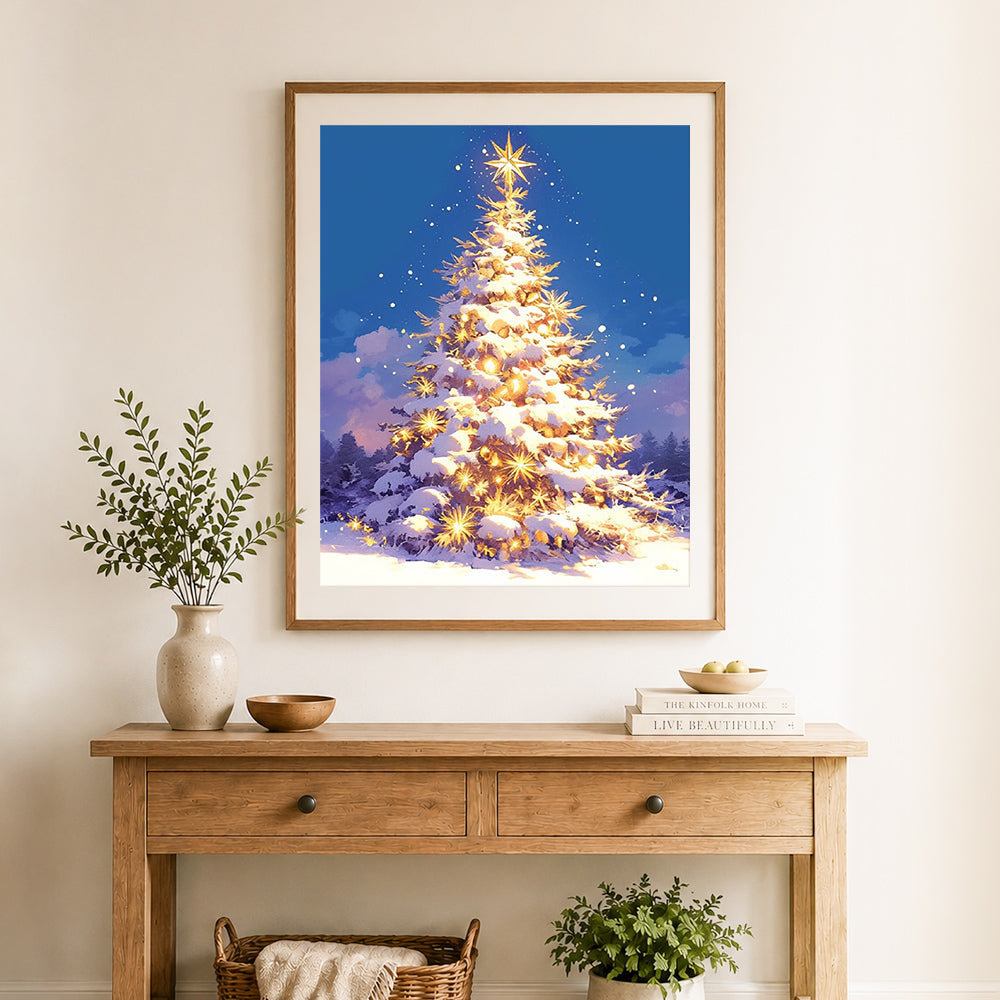 Finished snow covered holiday tree cross stitch artwork displayed as home decor