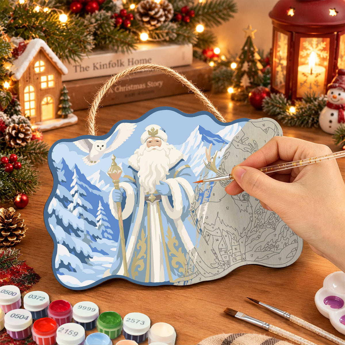 Snow forest santa scene paint by numbers door hanger painting process