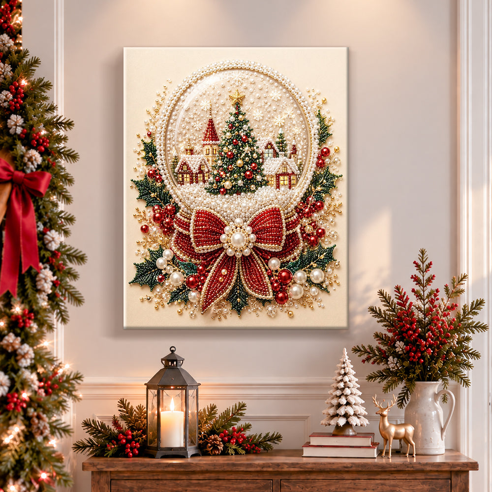 Finished snow globe winter village pearl diamond painting artwork displayed as holiday home decor