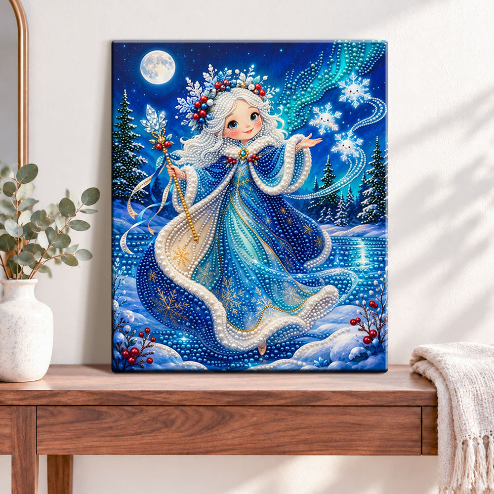 Finished snow queen wonderland pearl diamond painting artwork displayed as home decor