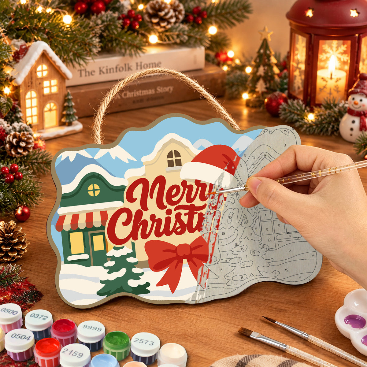 Snow village merry christmas paint by numbers door hanger painting process