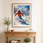 Finished snowboarder racing down the slopes cross stitch artwork displayed as home decor