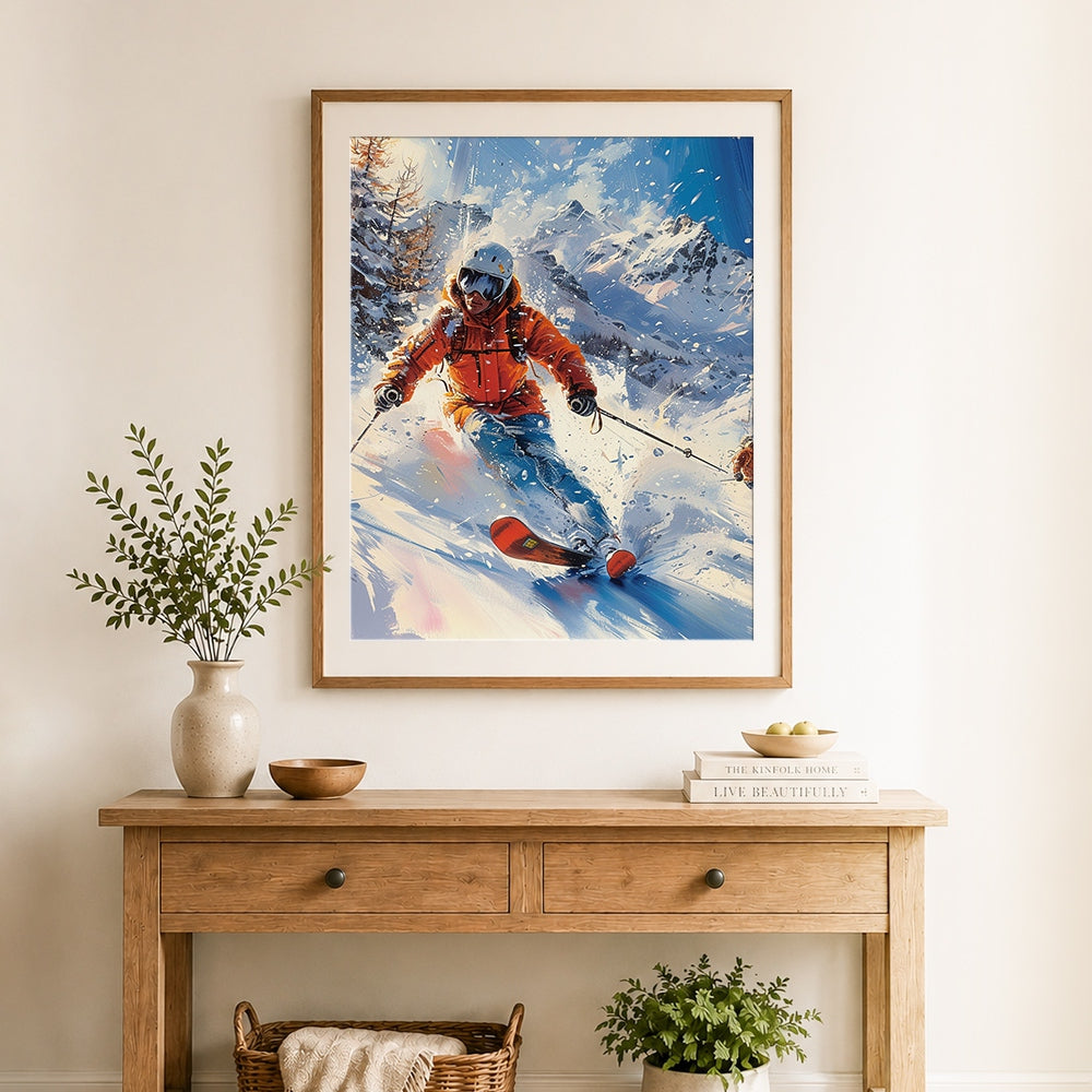 Finished snowboarder racing down the slopes cross stitch artwork displayed as home decor
