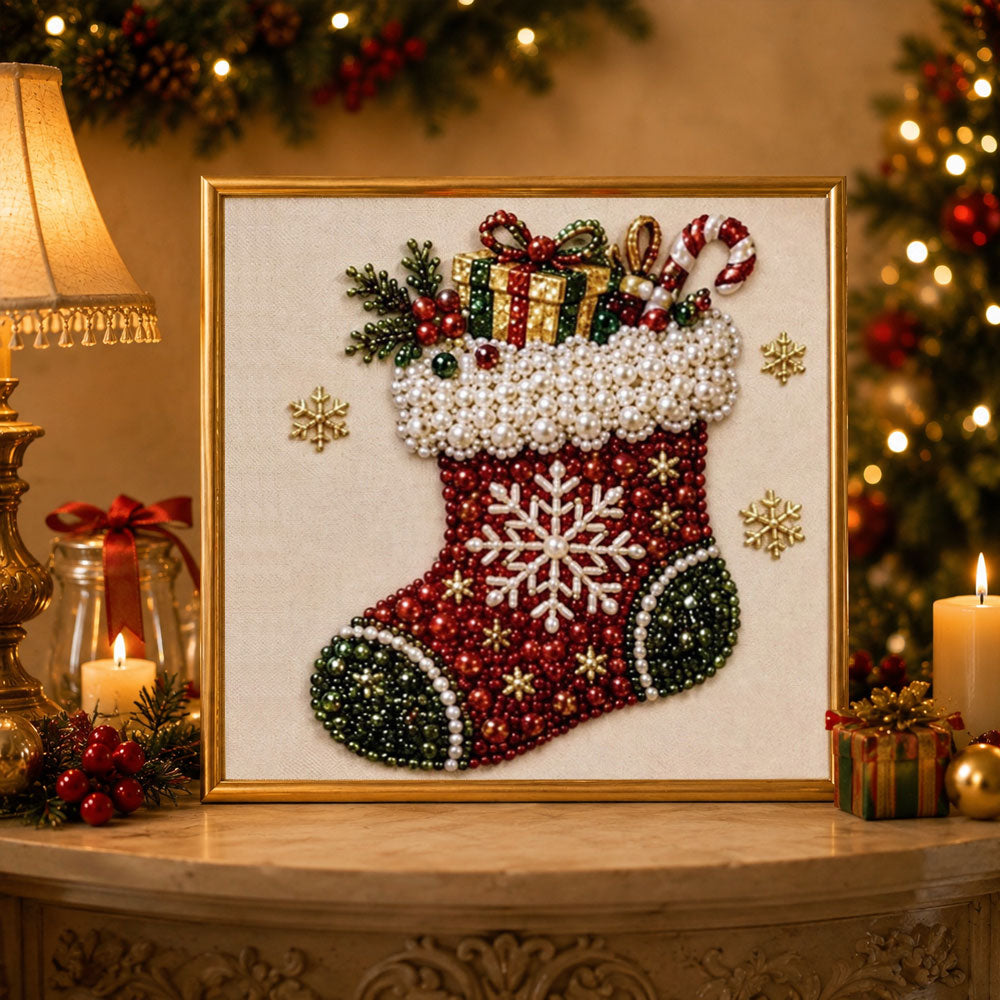 Finished snowflake christmas stocking pearl diamond painting artwork displayed as holiday home decor