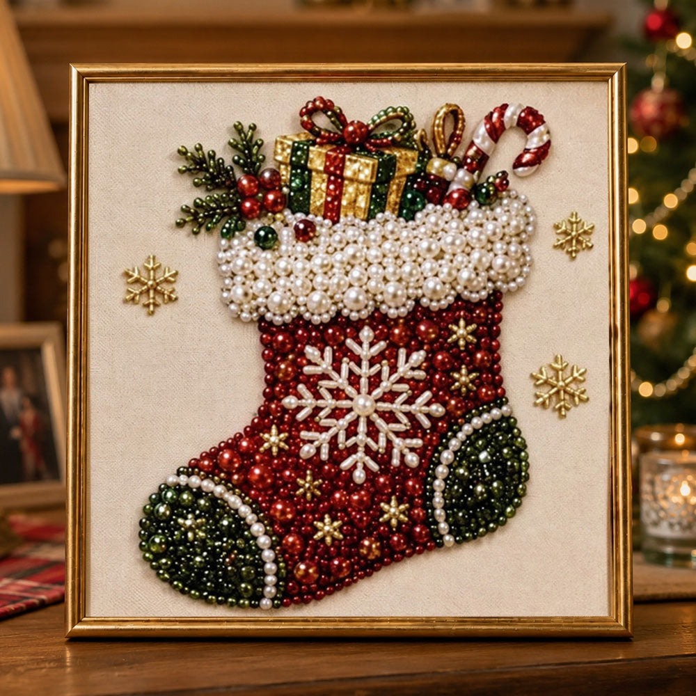 Snowflake christmas stocking pearl diamond painting kit for beginners