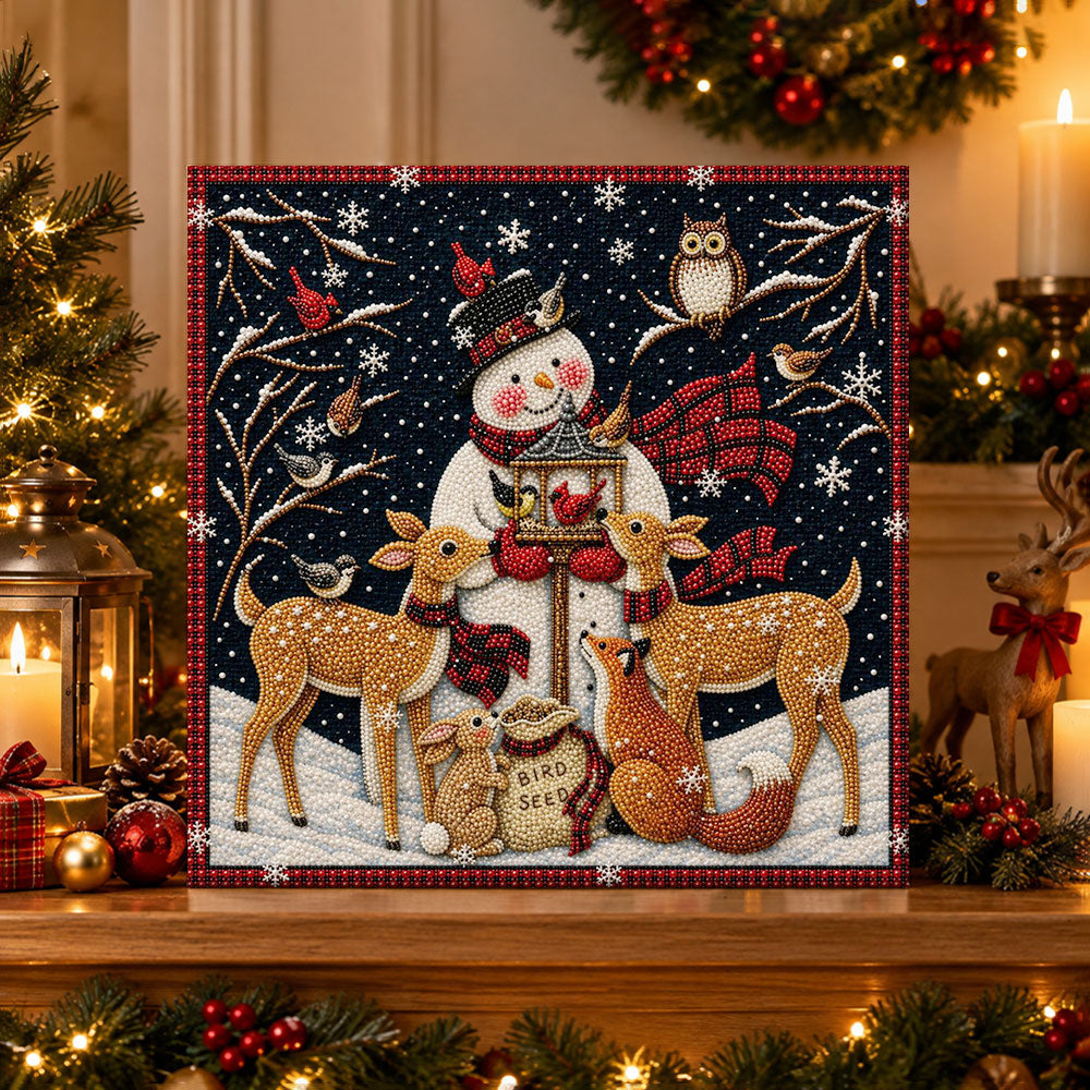 Finished snowman and forest animals pearl diamond painting artwork displayed as holiday home decor