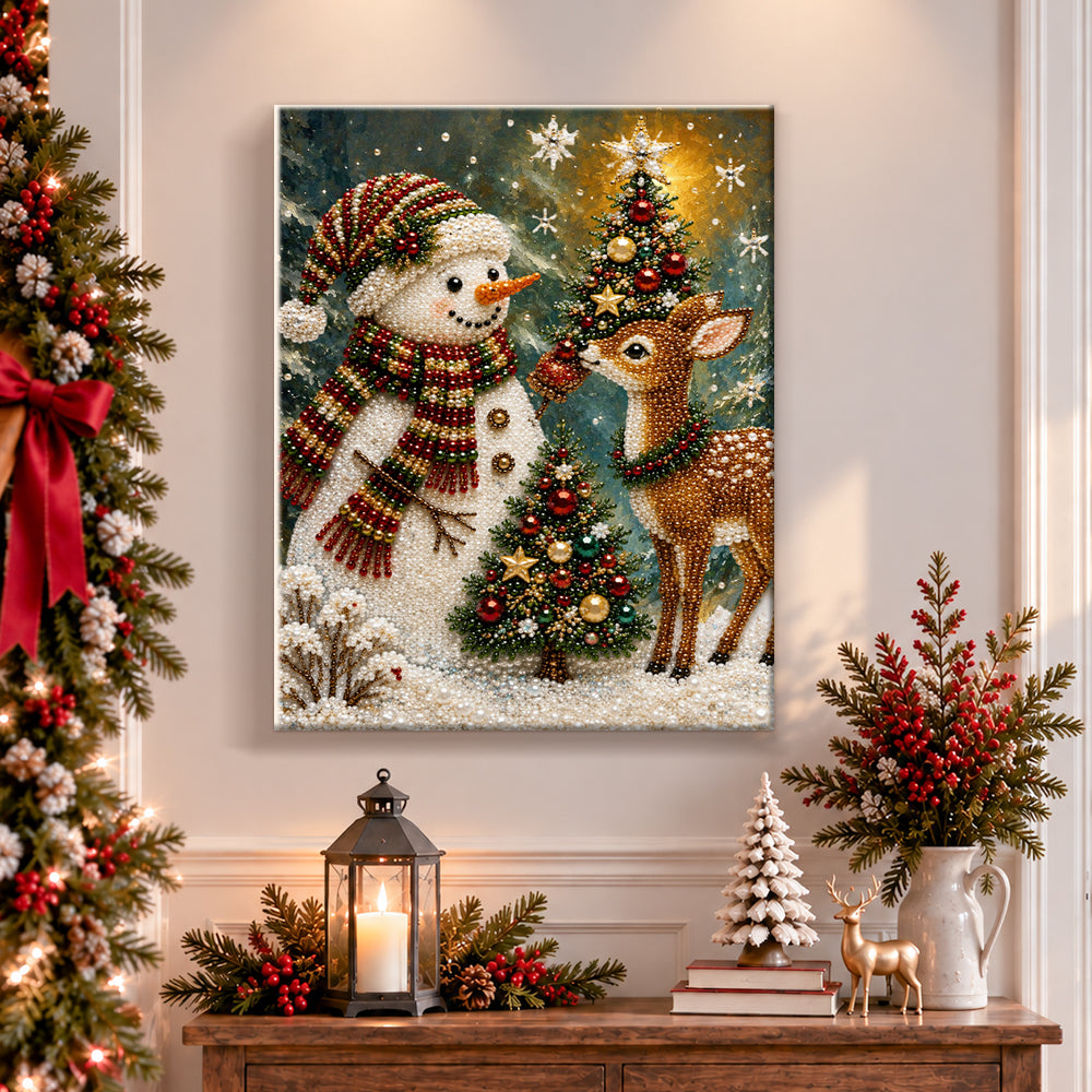 Finished snowman and little deer pearl diamond painting artwork displayed as holiday home decor