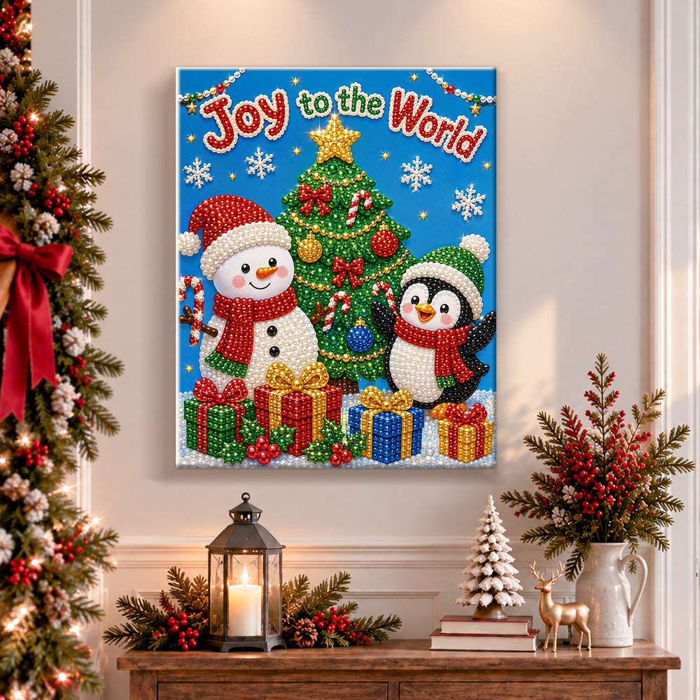 Finished snowman and penguin fun pearl diamond painting artwork displayed as holiday home decor