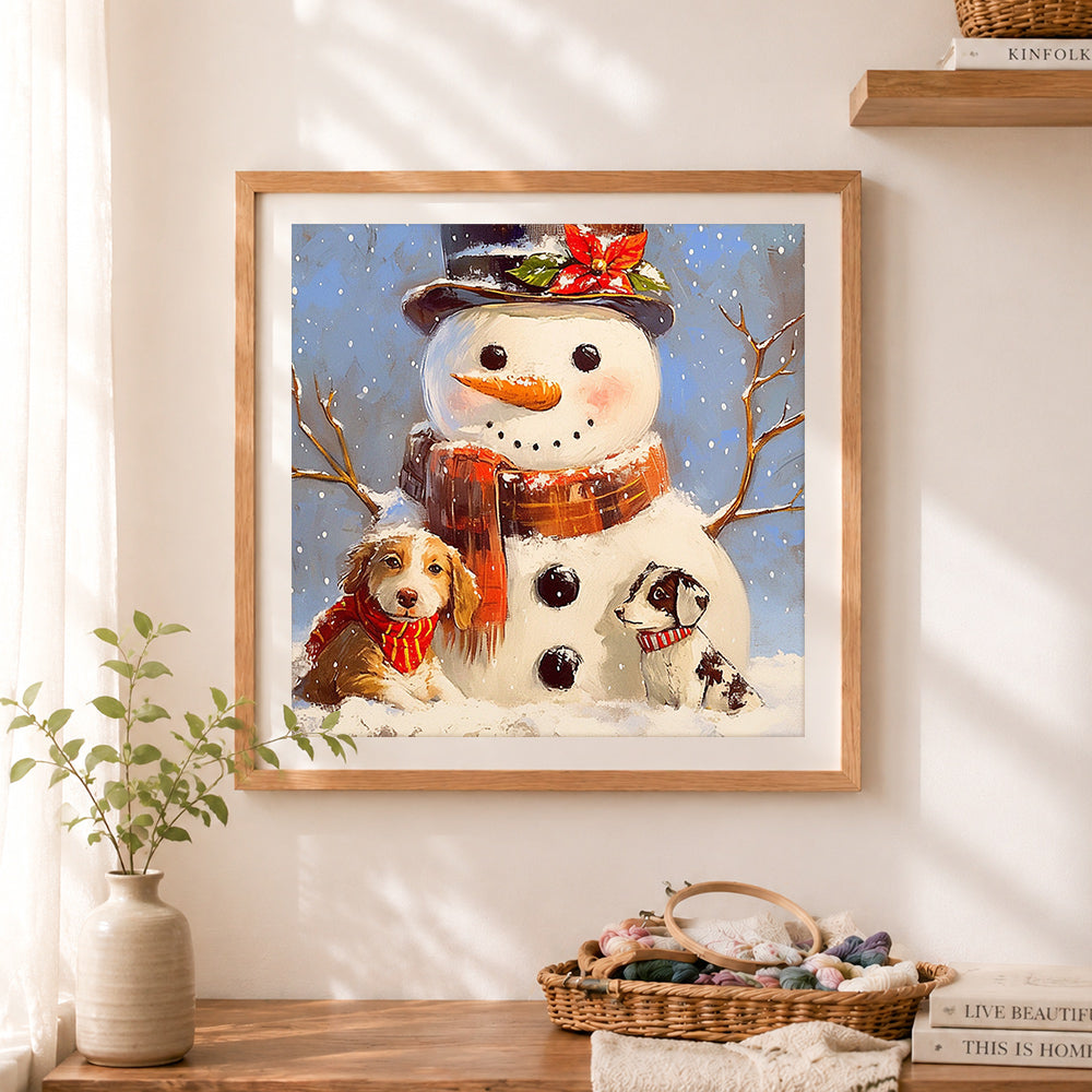 Finished snowman and puppies cross stitch artwork displayed as home decor