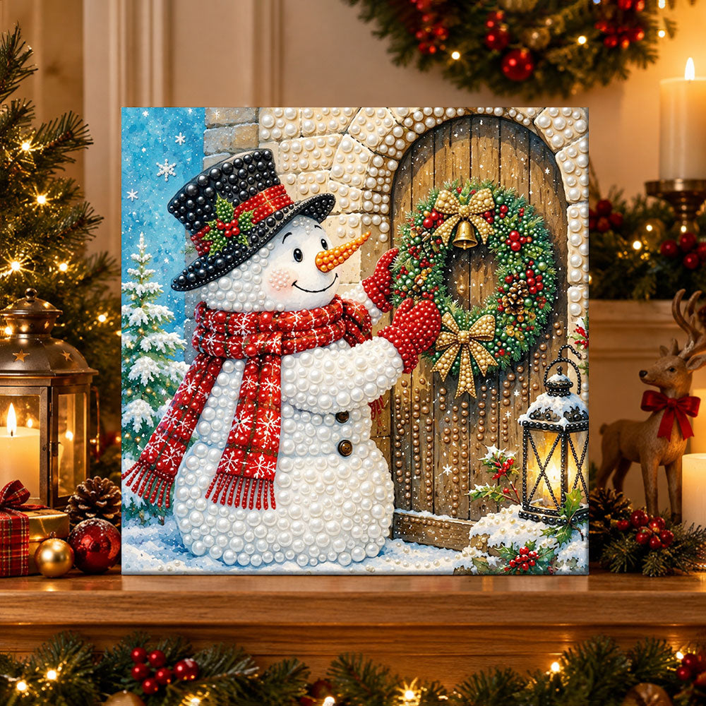 Finished snowman by the festive door pearl diamond painting artwork displayed as holiday home decor